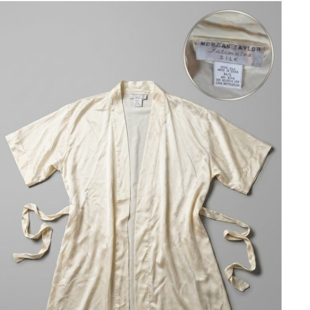 Morgan Taylor 100% Silk Robe Cream M/L luxury loungewear fairycore minimalist